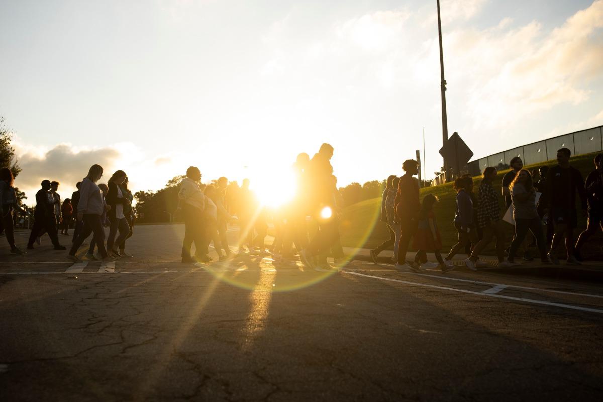 students marching